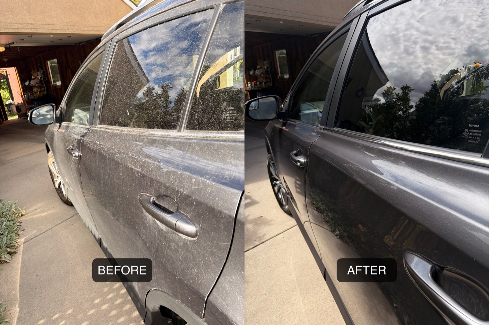 Before and after exterior detail on a car door, showing dust and grime removed and the paint restored to a glossy finish