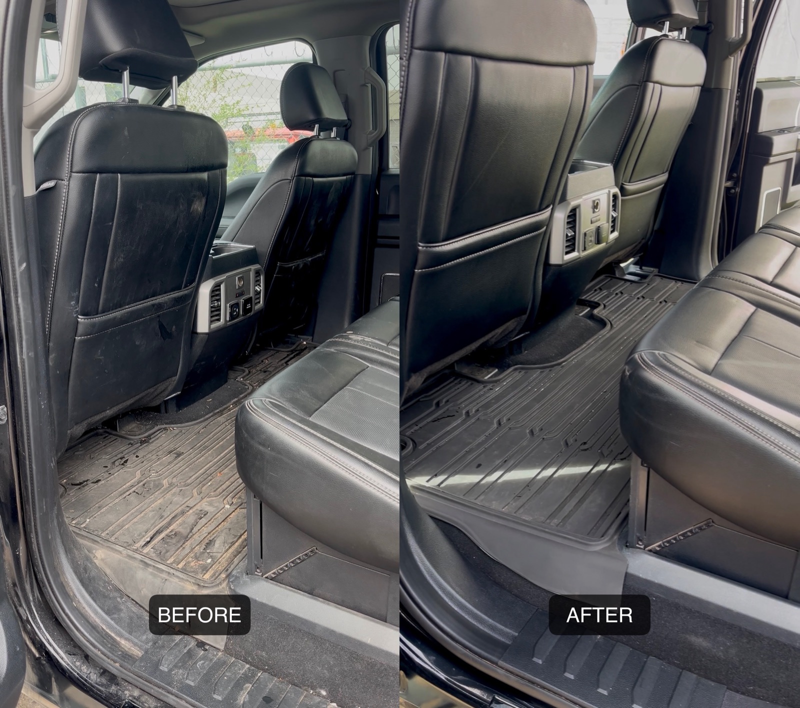 Before and after interior detail on a Ford F-150 rear seat and leather
