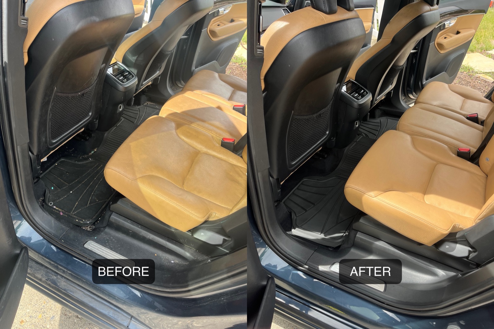 Before and after interior detail on an SUV's tan leather back seats