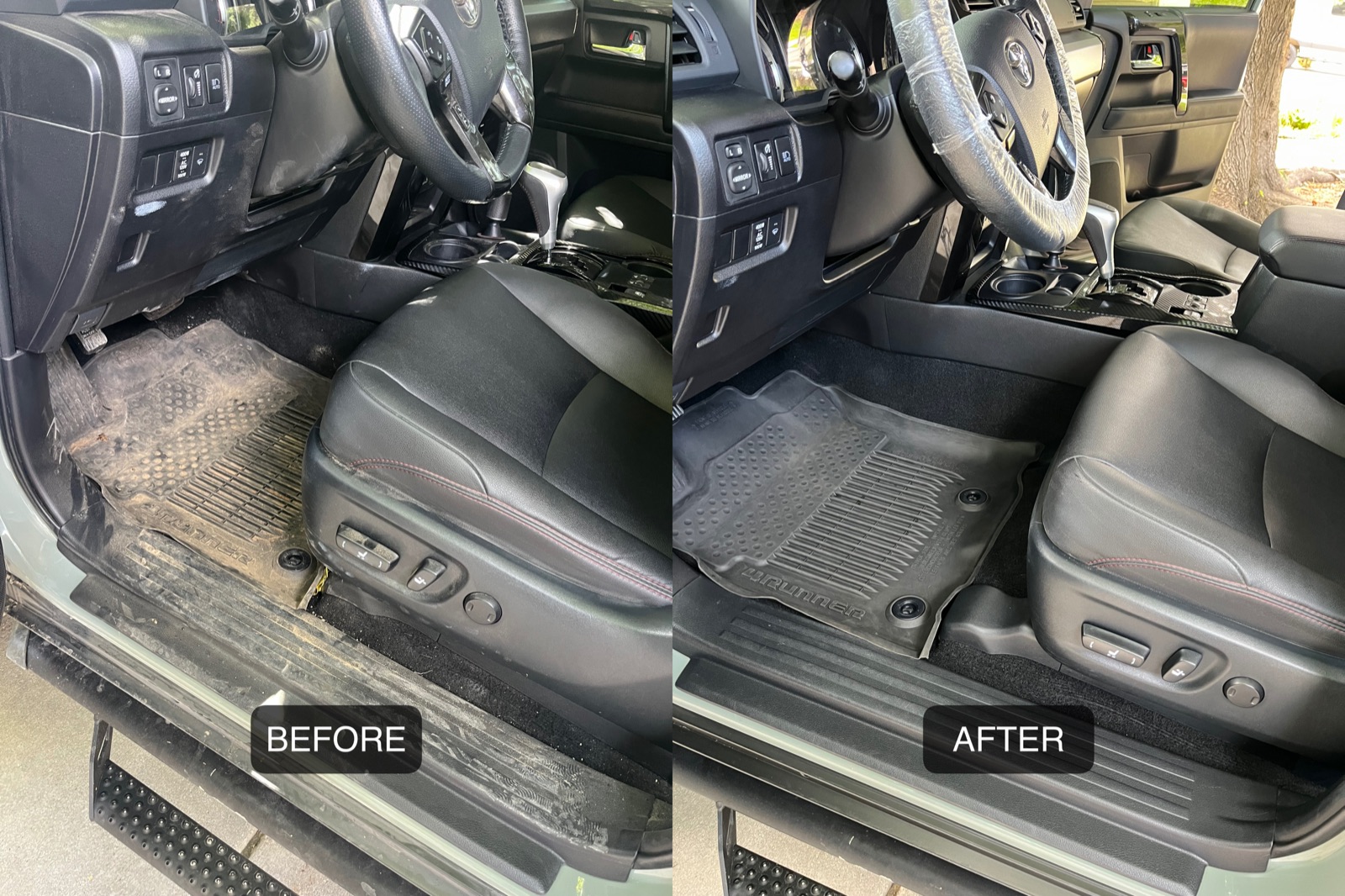 Before and after interior detail on a Toyota 4Runner, showing the driver's seat, floor mats, and door sill cleaned and protected