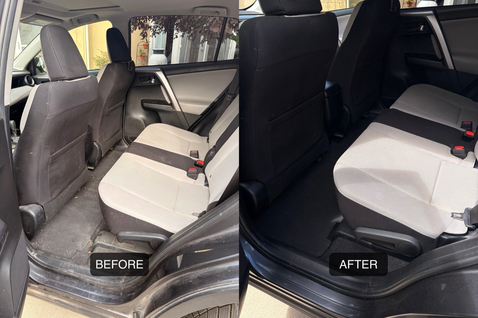 Before and after interior clean on a Toyota RAV4 back seat and floor