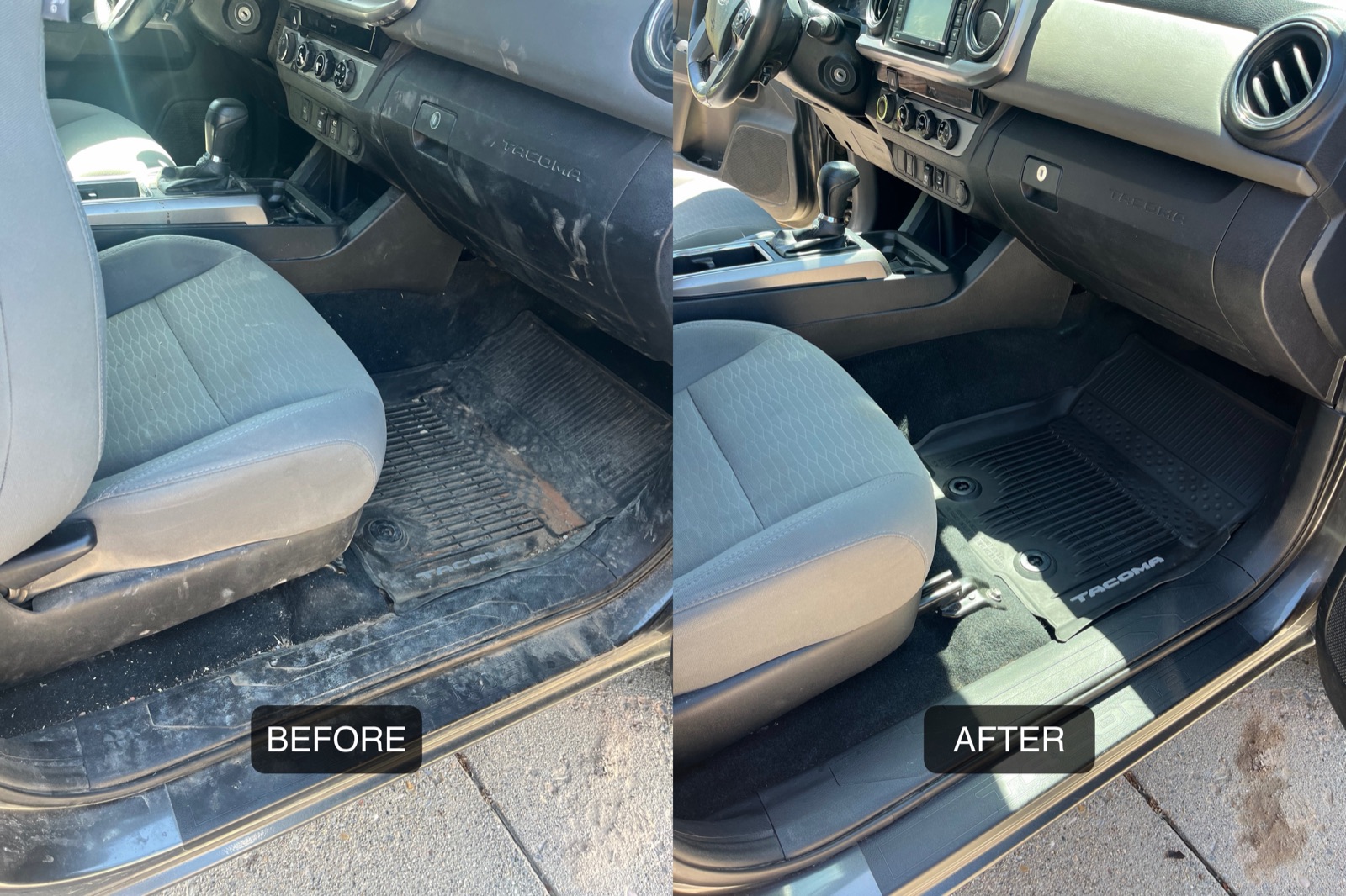 Before and after deep interior clean on a Toyota Tacoma dashboard, seat, and floor mat